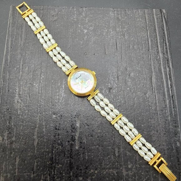 Lucoral Vintage Womens Pearl Strand Watch Quartz Gold-Tone Case MOP Dial HS211 - Picture 3 of 6